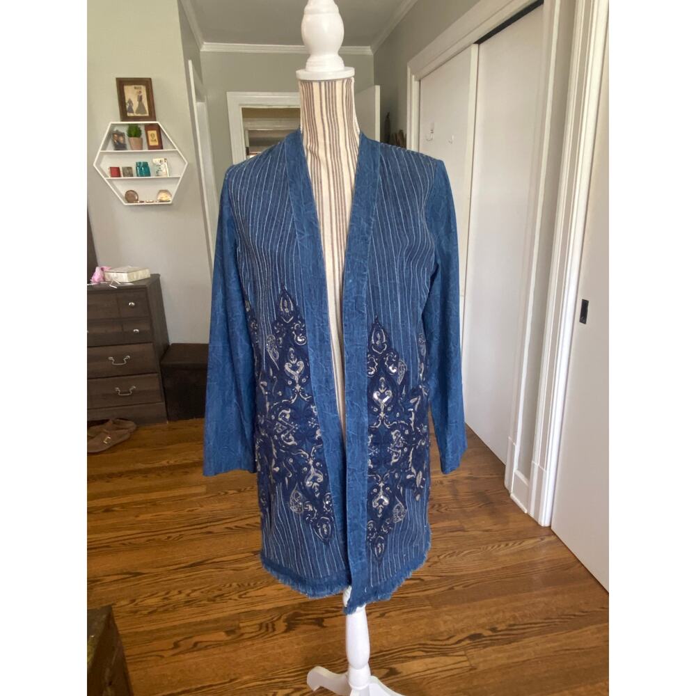 Chico’s Embellished Denim Duster Length Open Front Jacket